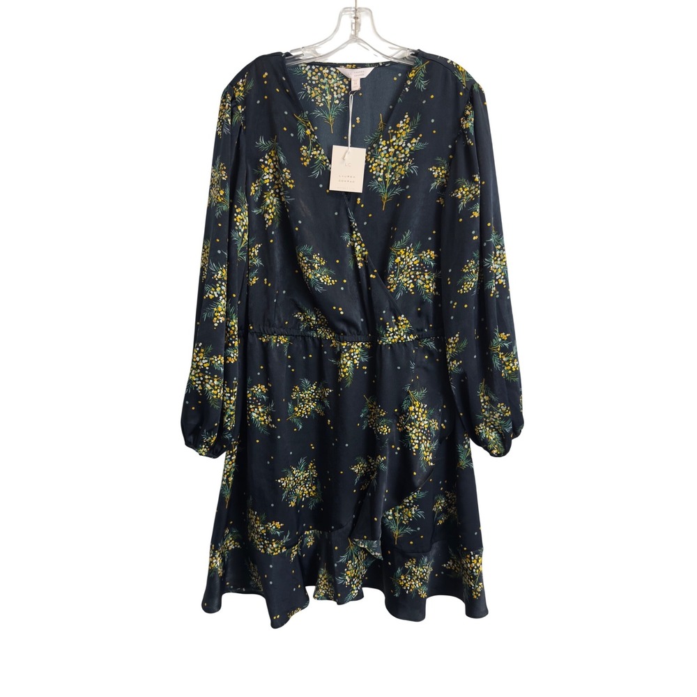 NEW LC Lauren Conrad 1X Plus Navy Yellow Mimosa Floral Balloon Sleeve Wrap Dress